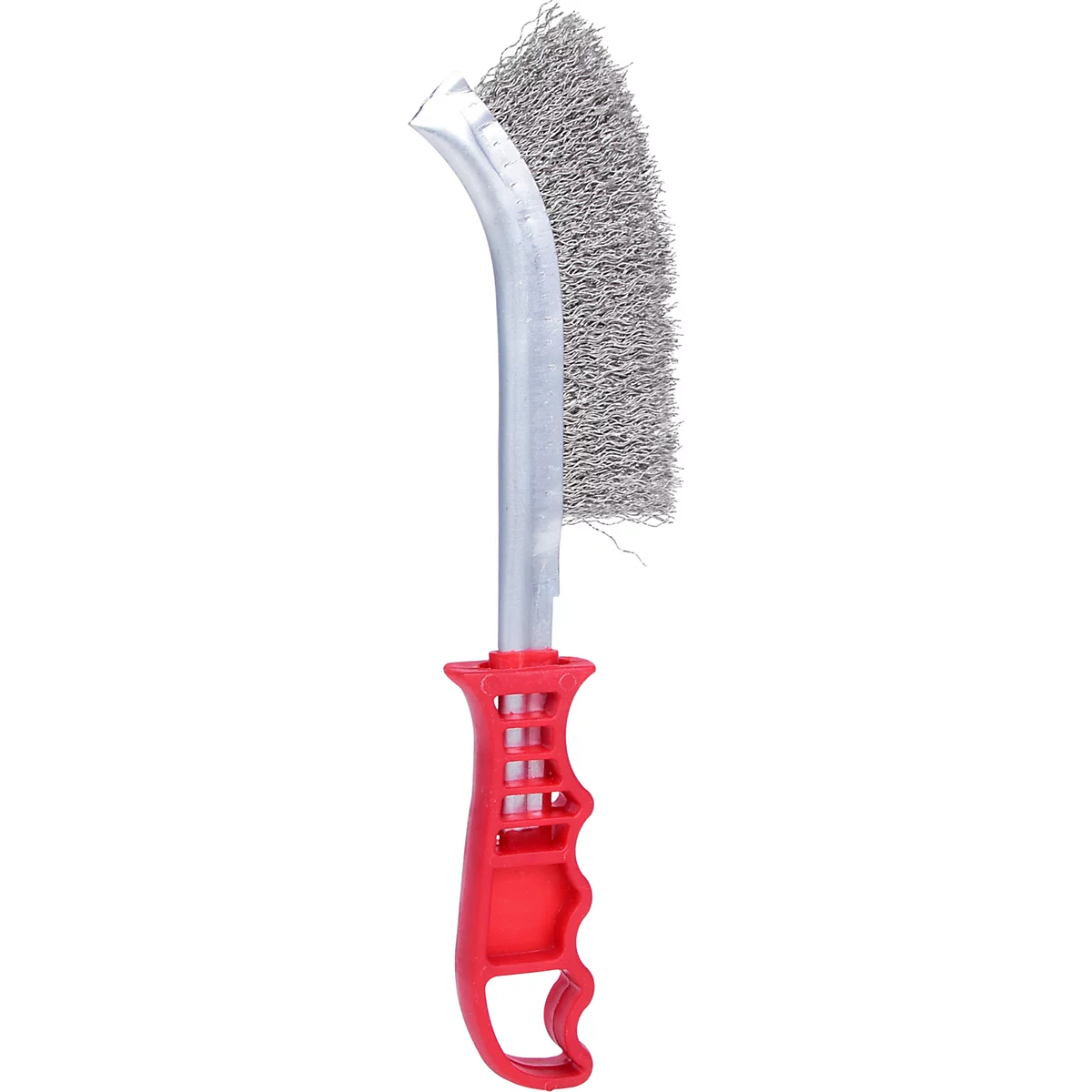 Drahtbürste mit rotem Griff. Silberfarbener Bürstenkopf, gebogen. Metallborsten.